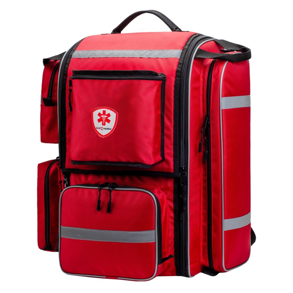 KONT acil müdahale çantası, kırmızı renkli, omuz ve sırt askılı, su geçirmez ve darbeye dayanıklı profesyonel sağlık çantası